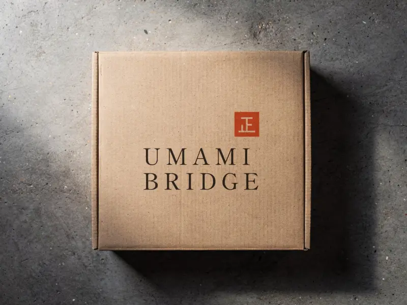 Kraft shipping carton marked Umami Bridge, on concrete
