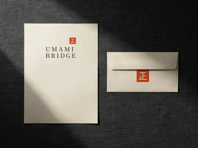 Umami Bridge letterhead and envelope sealed with the vermilion seal