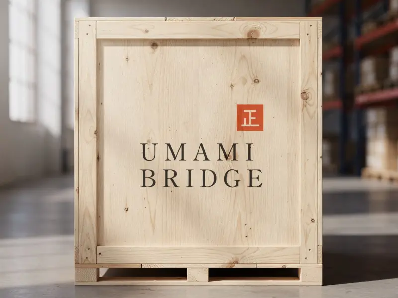 Wooden crate marked Umami Bridge in a warewhatwedo